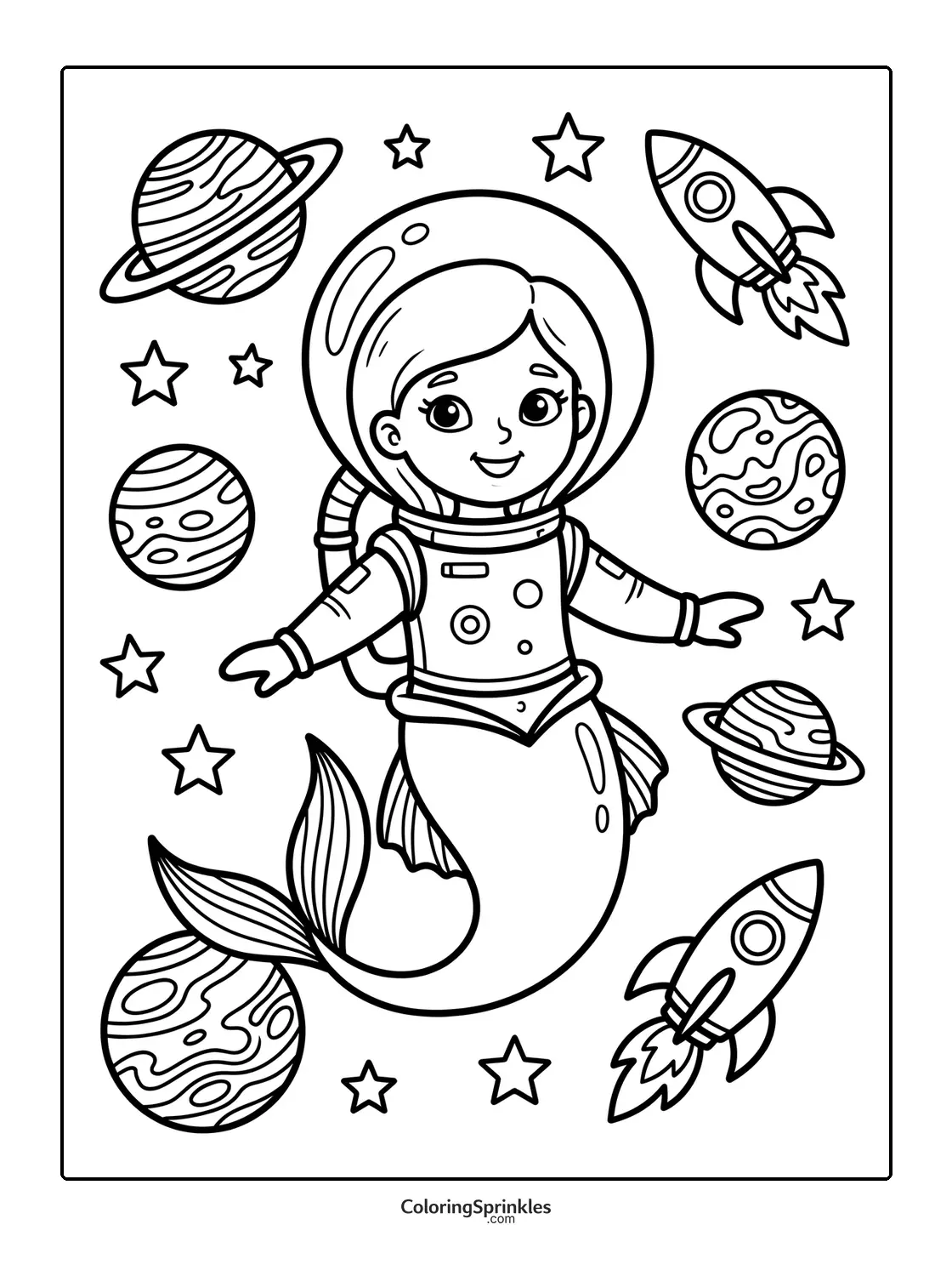 Coloring page of a mermaid astronaut floating in space with planets and rockets