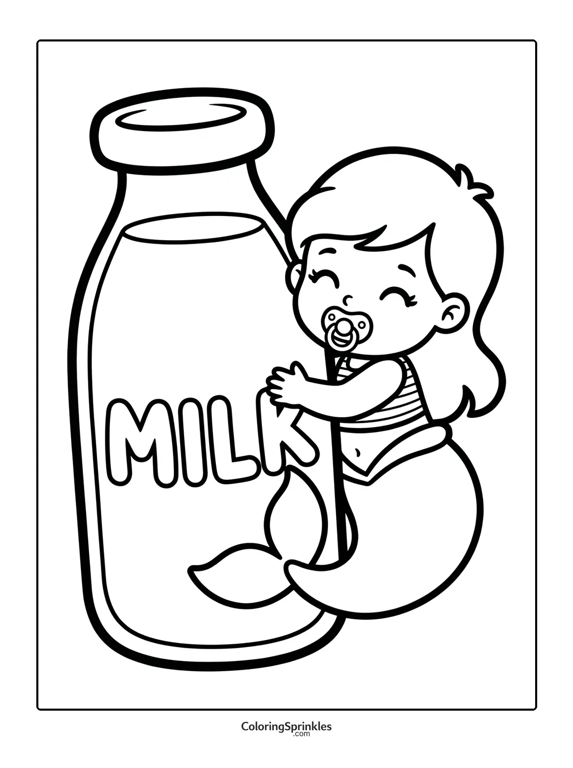 Coloring page of a baby mermaid with a pacifier hugging a milk bottle