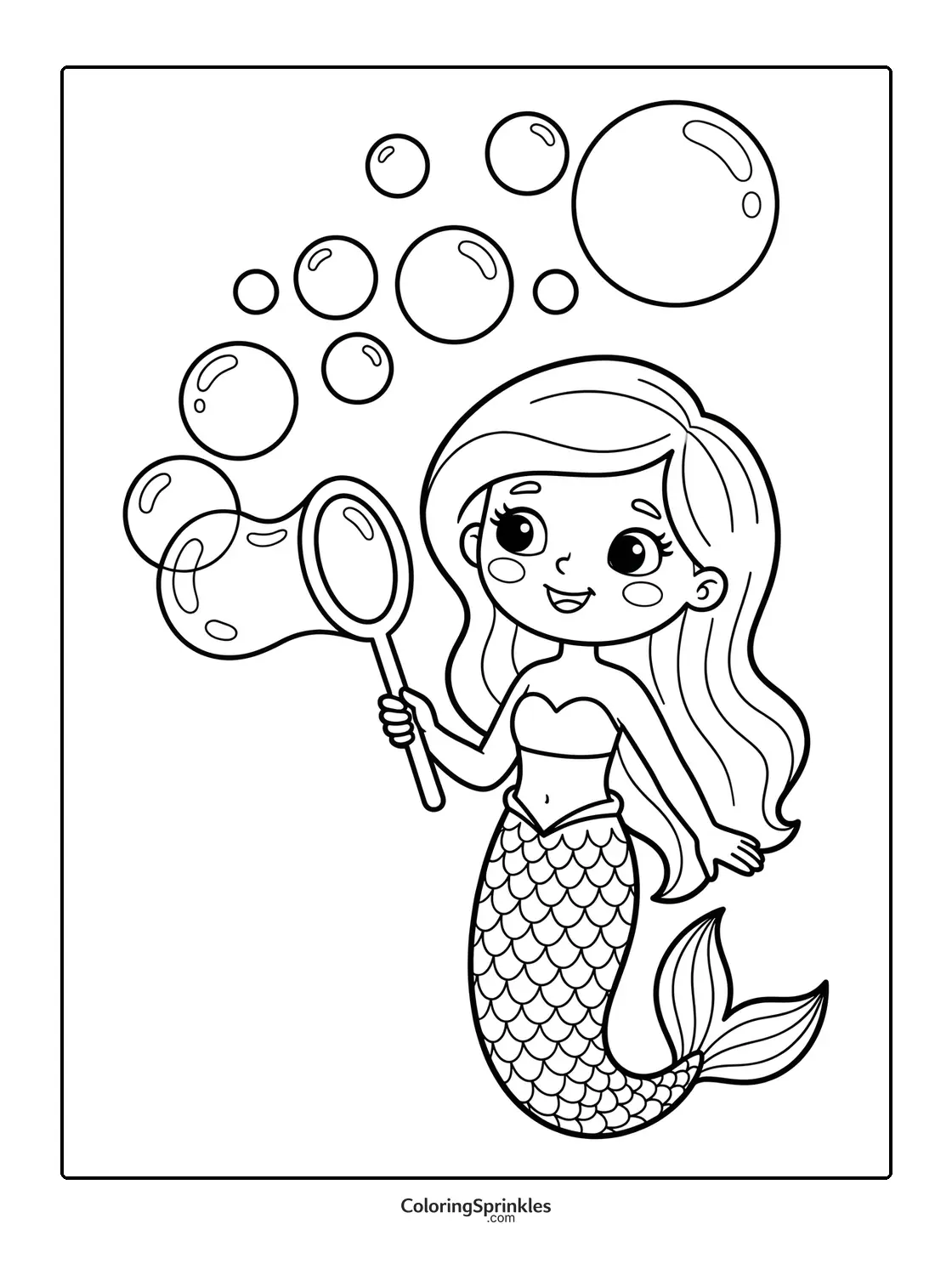 Coloring page of a mermaid blowing bubbles with a fish tail