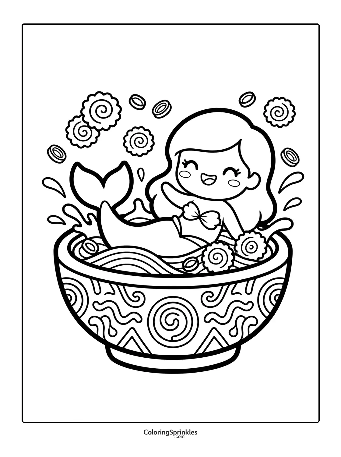 Coloring page of a cute mermaid sitting in a bowl of noodles