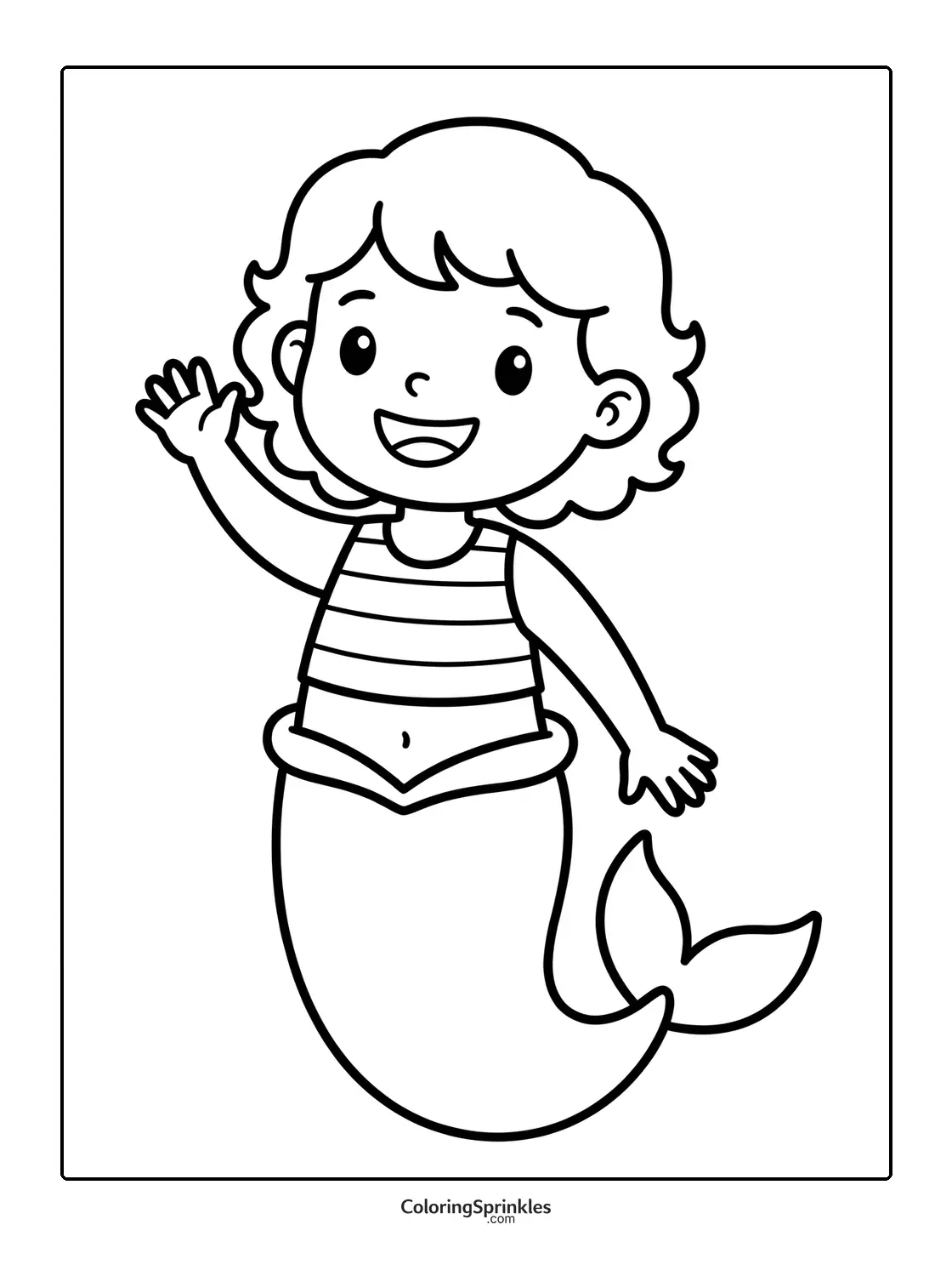 Coloring page of a mermaid boy waving with a striped shirt