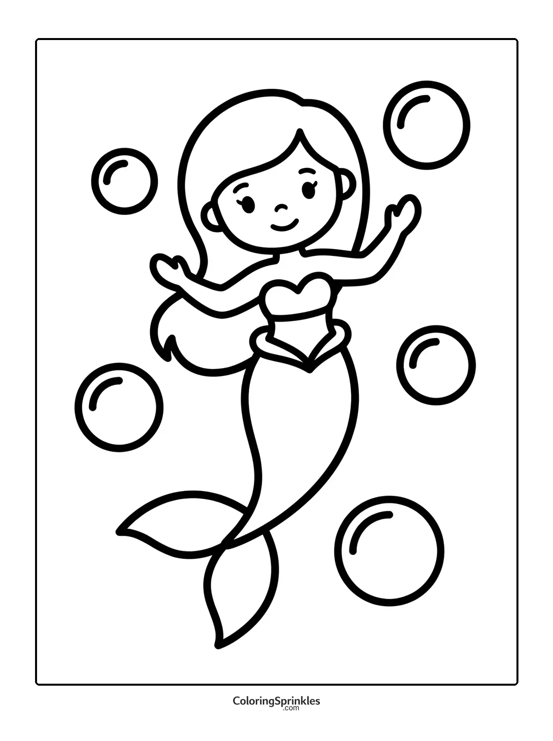 Coloring page of a mermaid surrounded by bubbles underwater