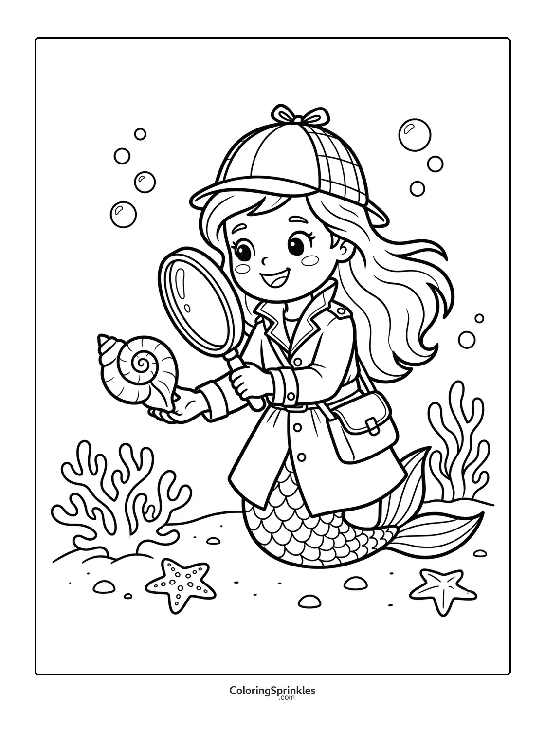 Coloring page of a mermaid detective examining a seashell with a magnifying glass