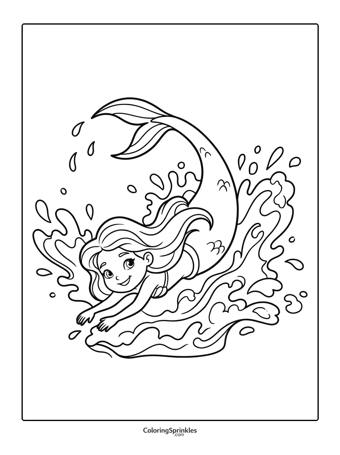 Coloring page of a mermaid diving into water with splashes
