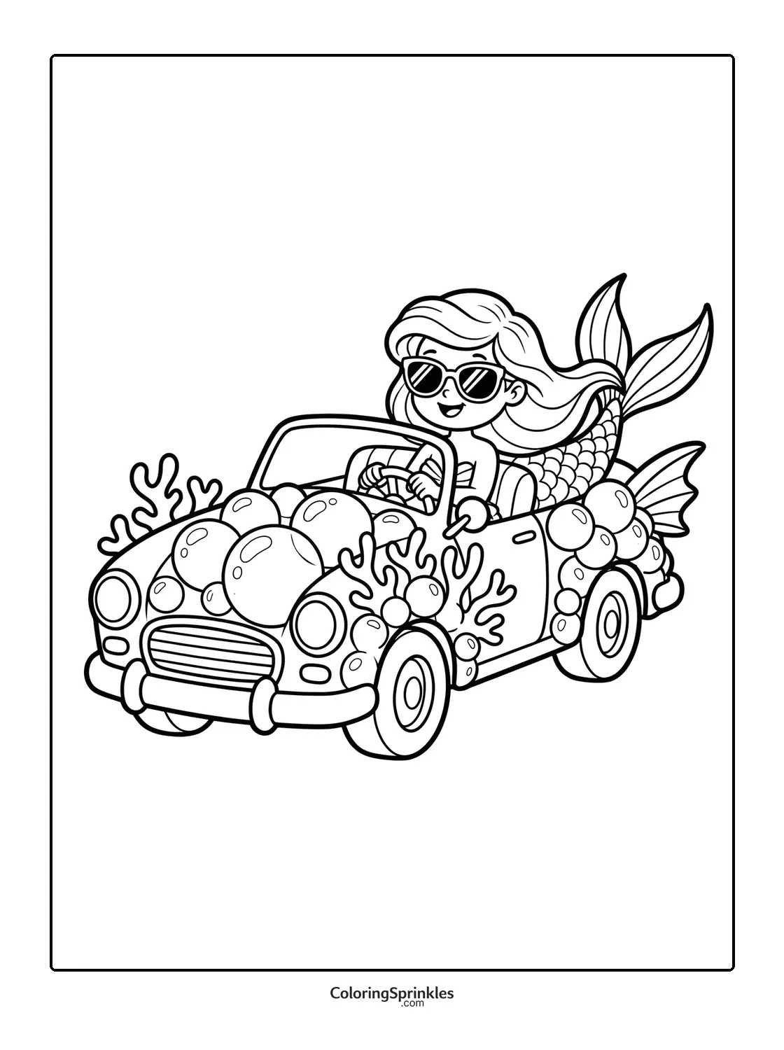 Coloring page of a mermaid driving a car decorated with bubbles and coral