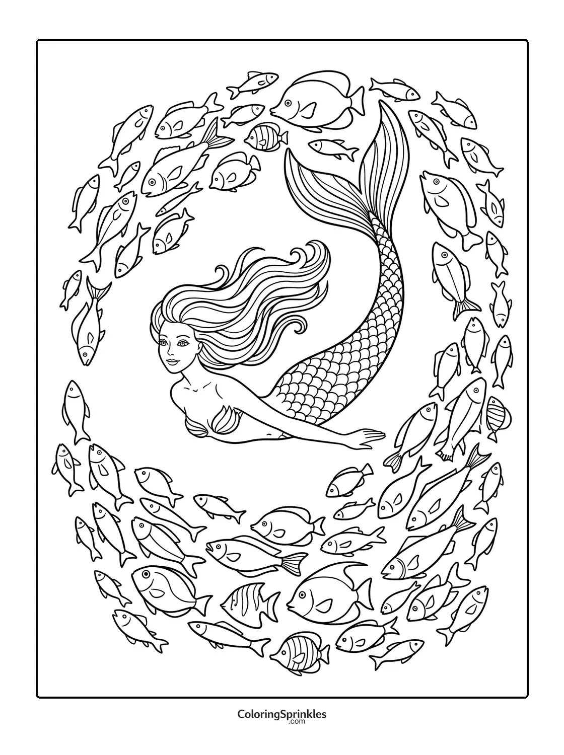 Coloring page of a mermaid swimming surrounded by a circle of fish underwater