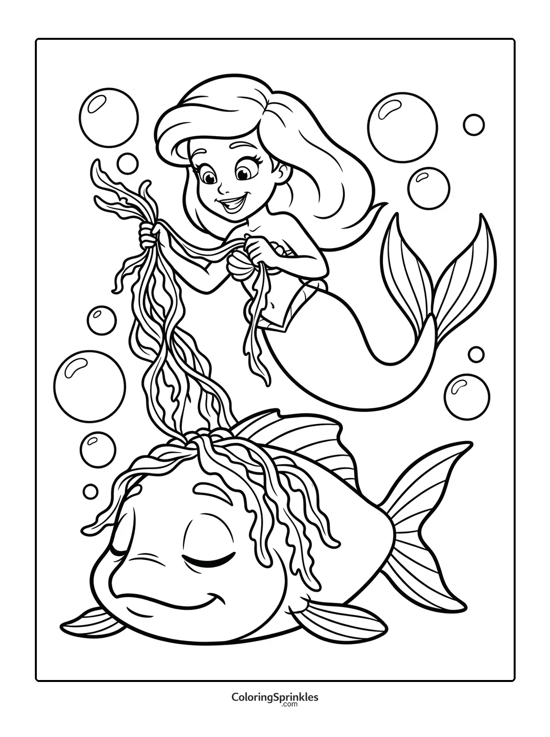 Coloring page of a mermaid playing with seaweed on a fish underwater