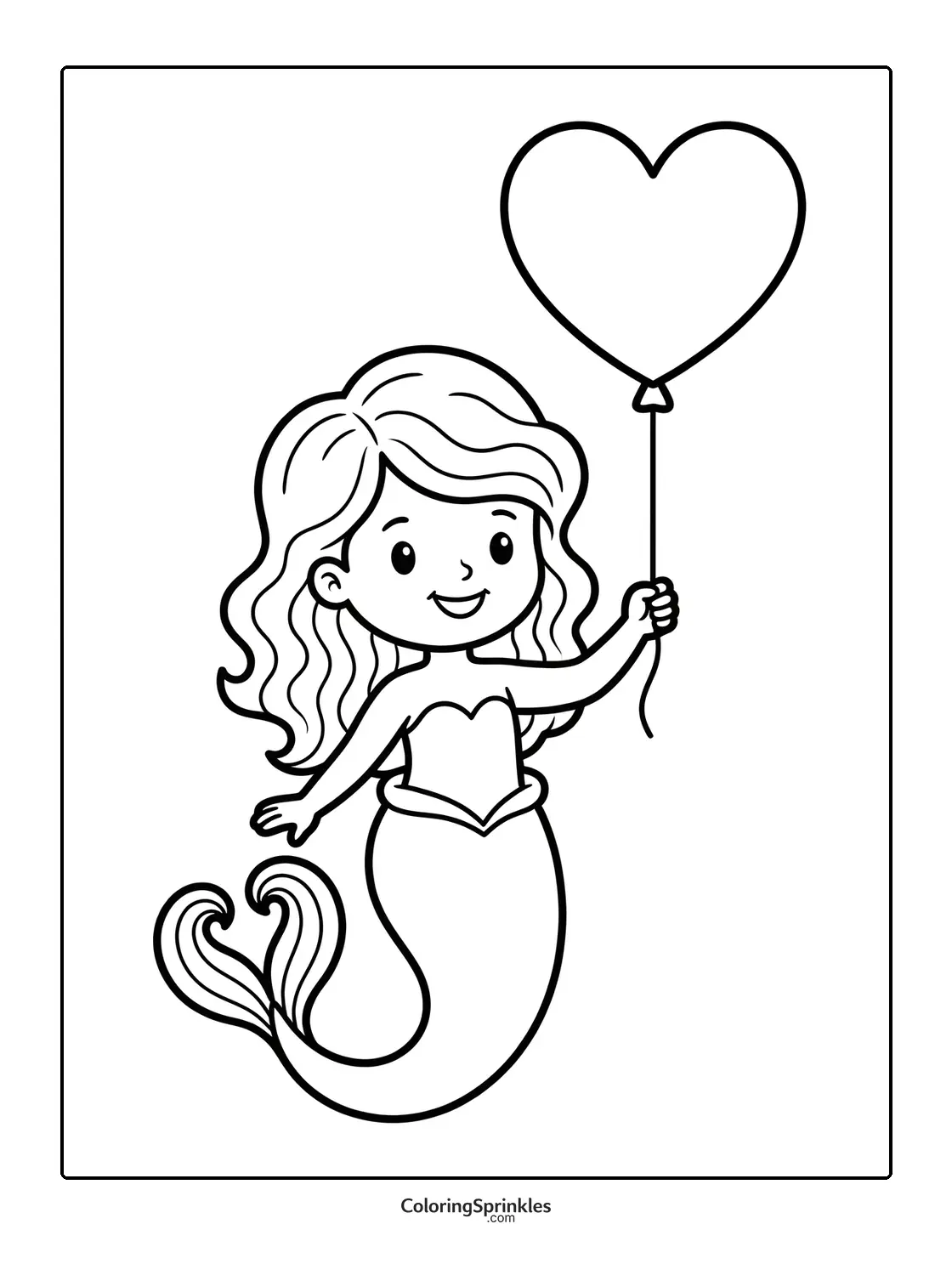 Coloring page of a mermaid girl holding a heart-shaped balloon