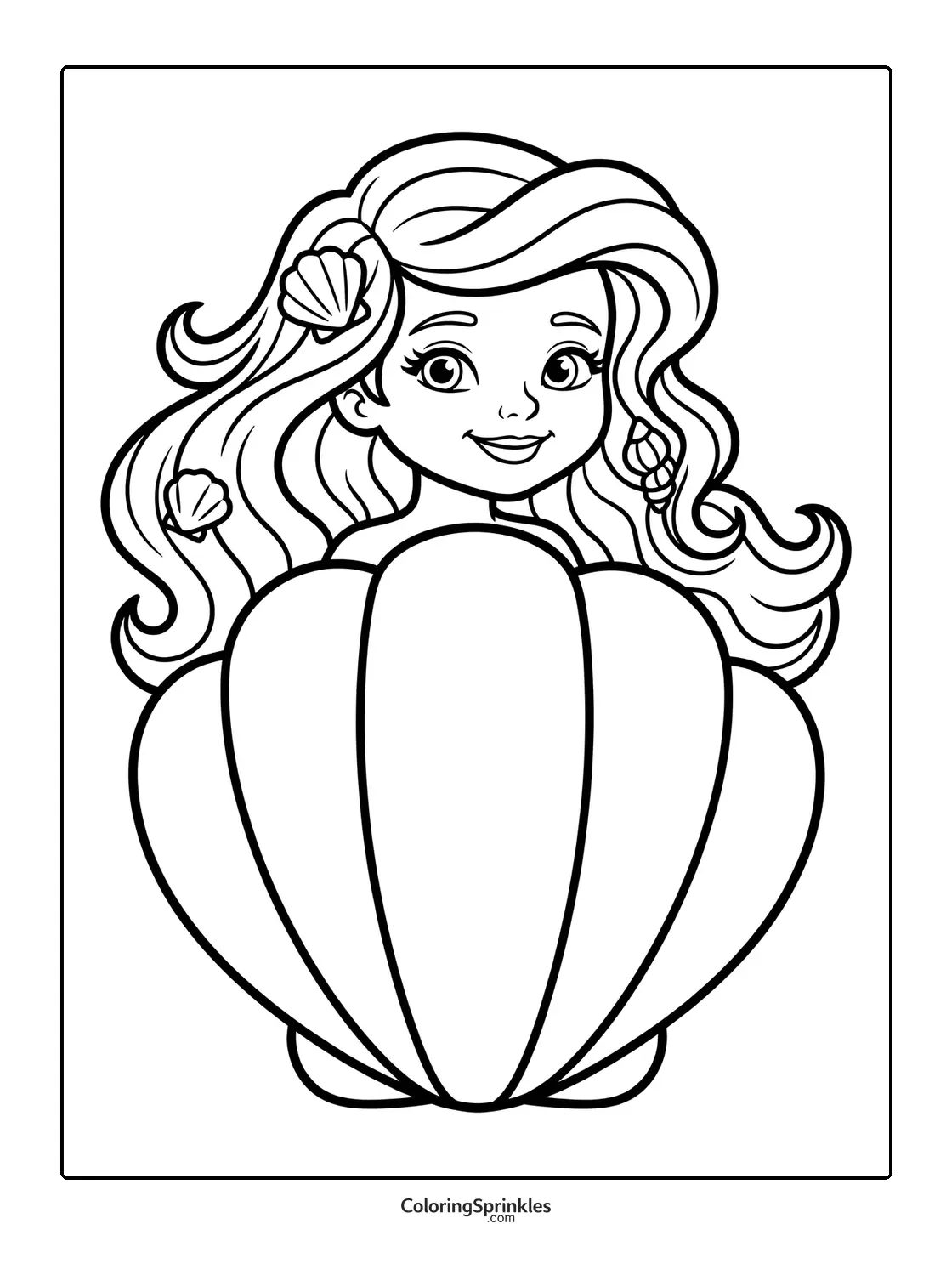 Coloring page of a mermaid girl with seashells in her hair and a large shell