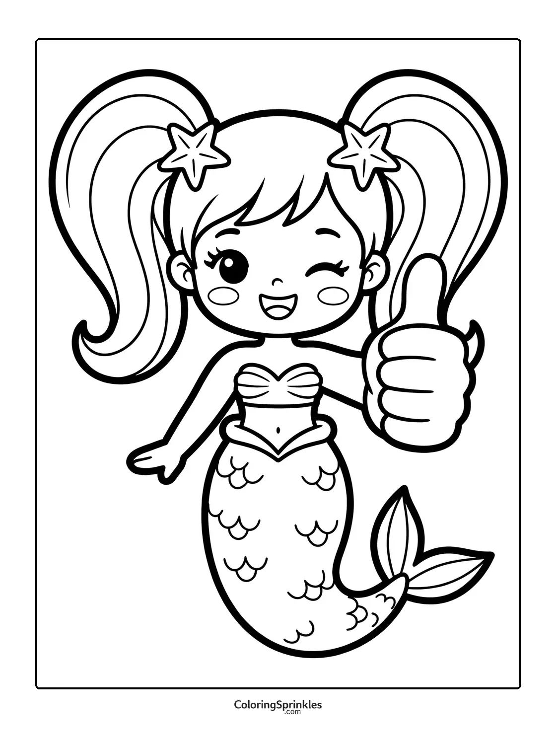 Coloring page of a mermaid girl giving a thumbs up with starfish in her hair
