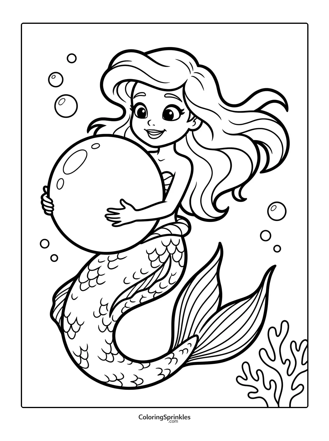Coloring page of a mermaid holding a large ball underwater with bubbles