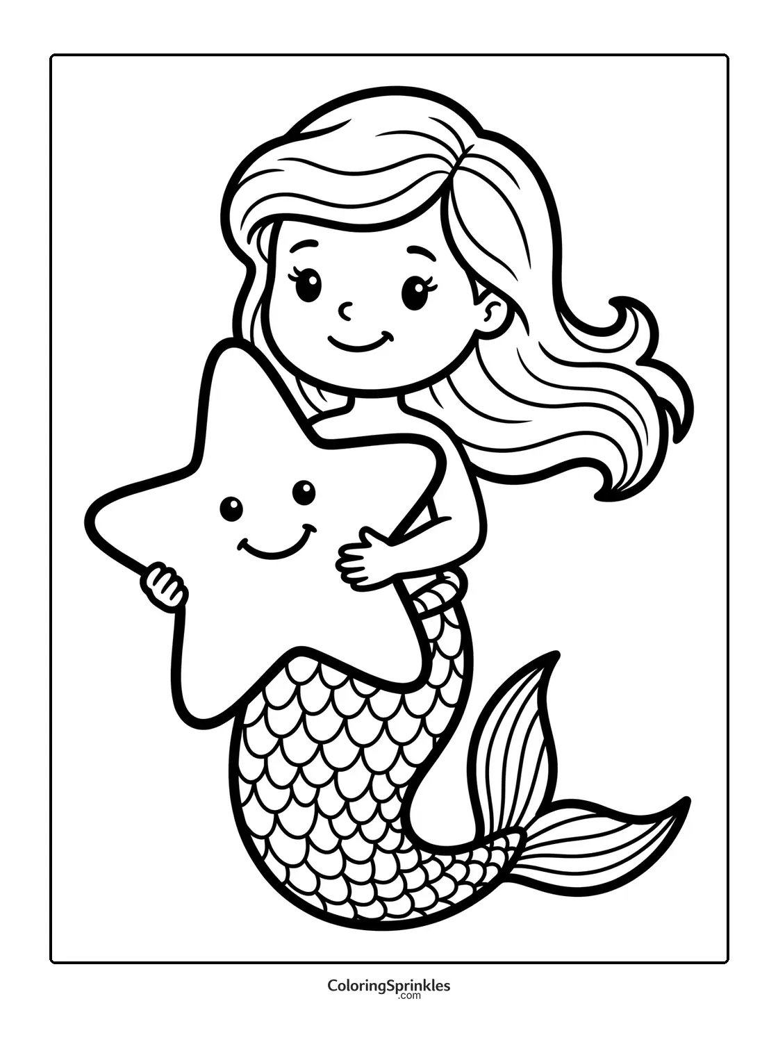 Coloring page of a mermaid holding a smiling starfish