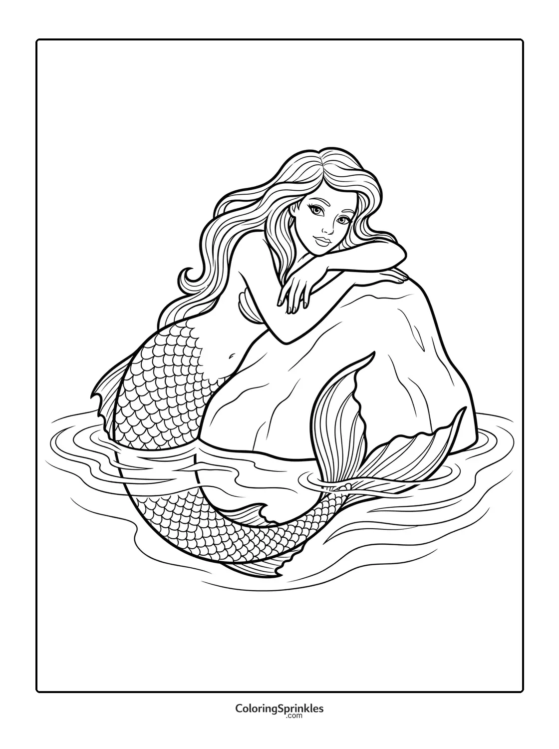 Coloring page of a mermaid leaning on a rock in water