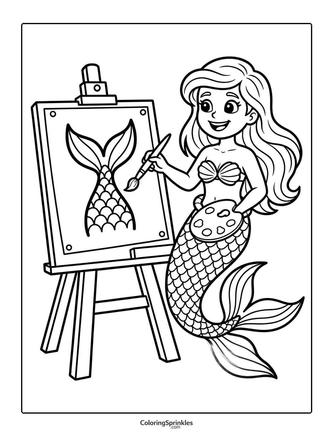 Coloring page of a mermaid painting a mermaid tail on an easel