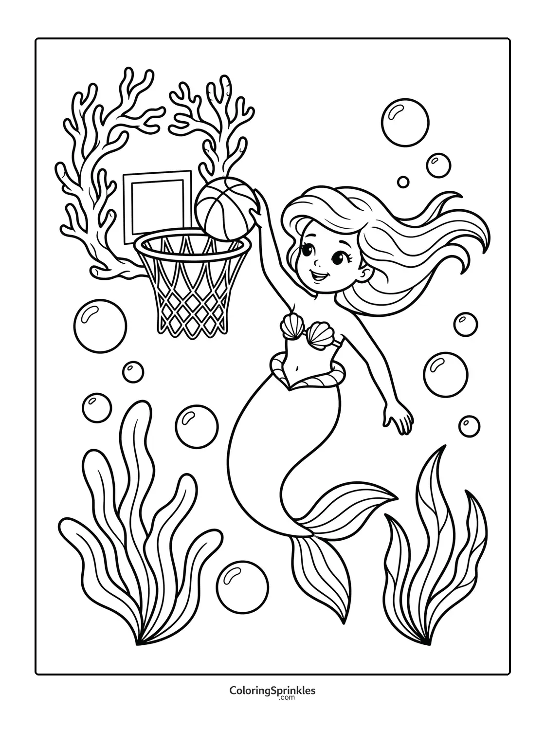 Coloring page of a mermaid playing basketball underwater with seaweed