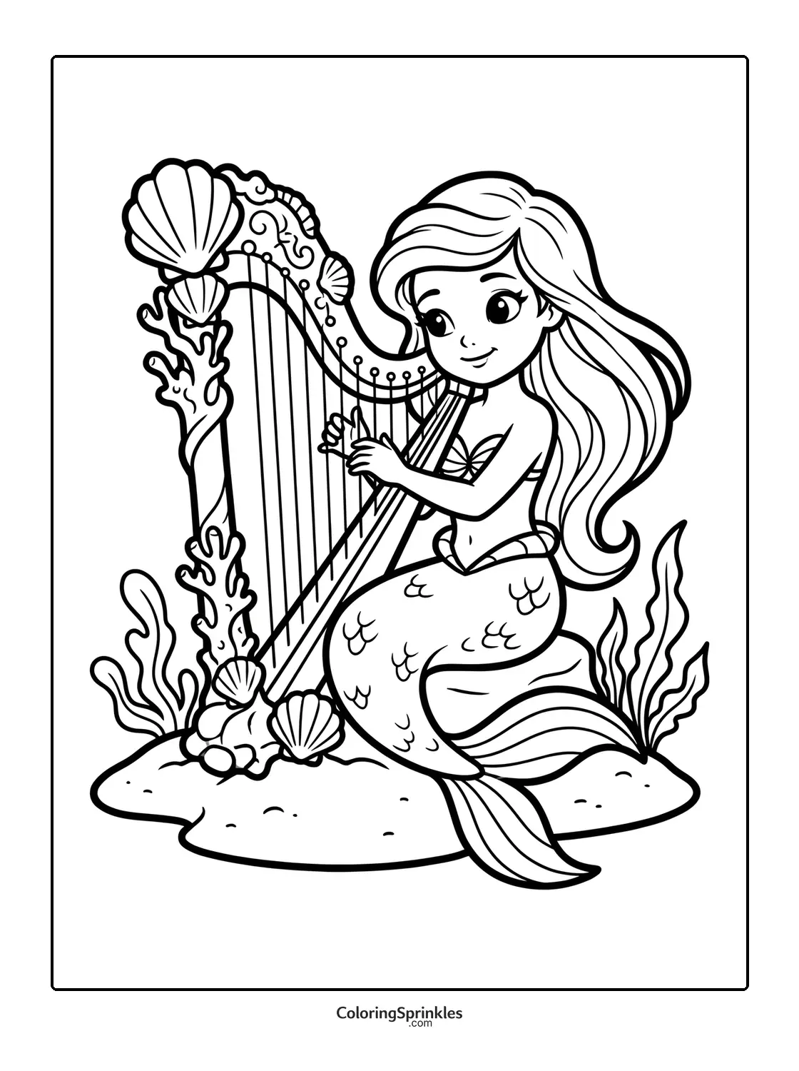 Coloring page of a mermaid playing a harp underwater with seaweed and shells