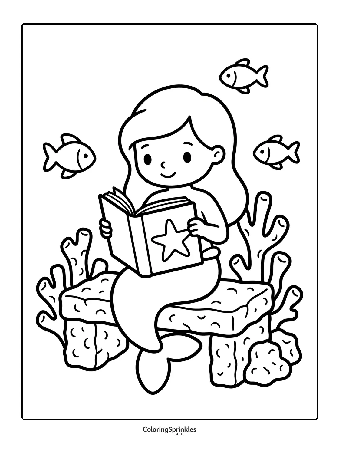 Coloring page of a mermaid reading a book underwater with fish and coral