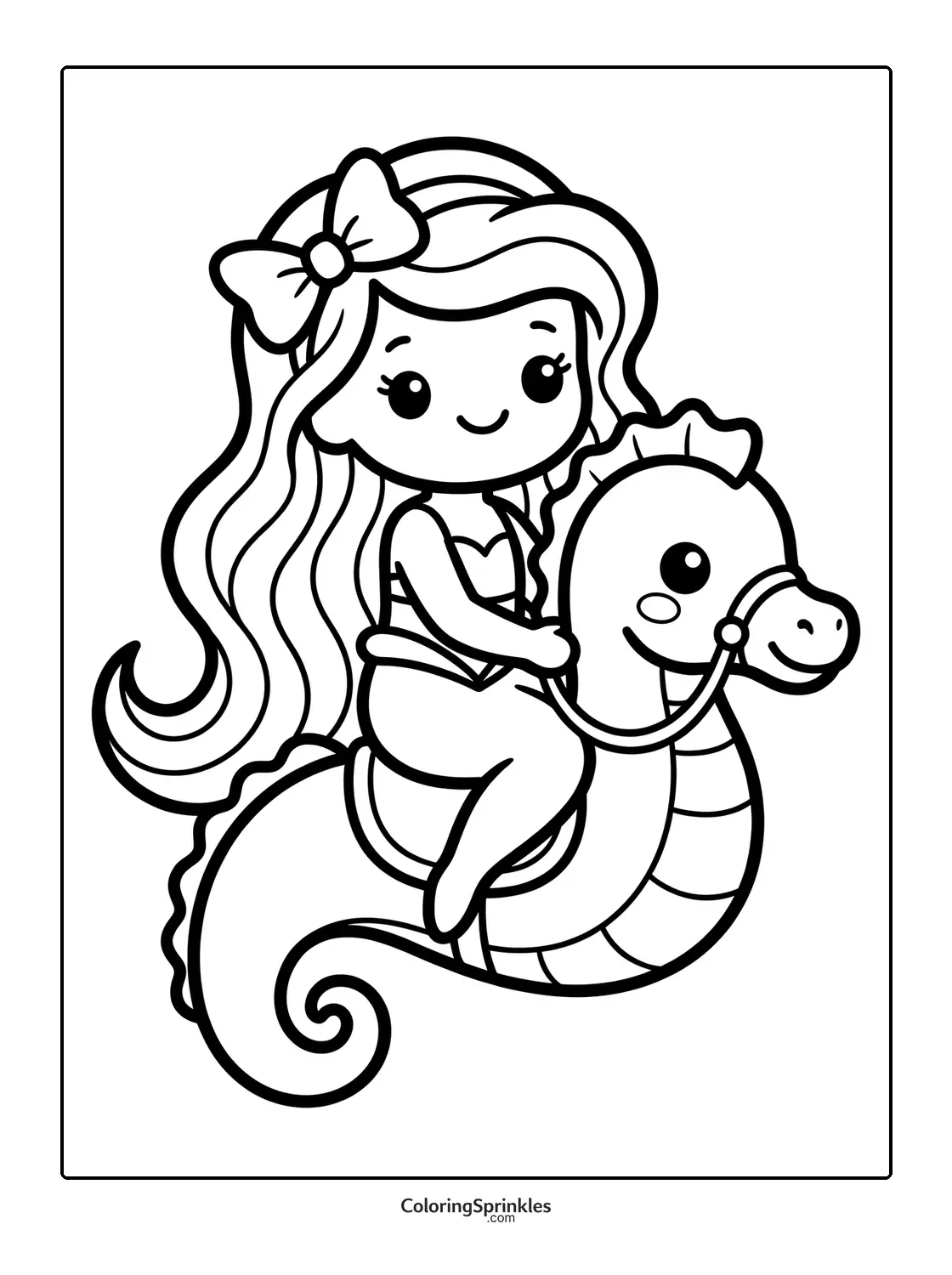 Coloring page of a mermaid riding a seahorse with a bow in her hair