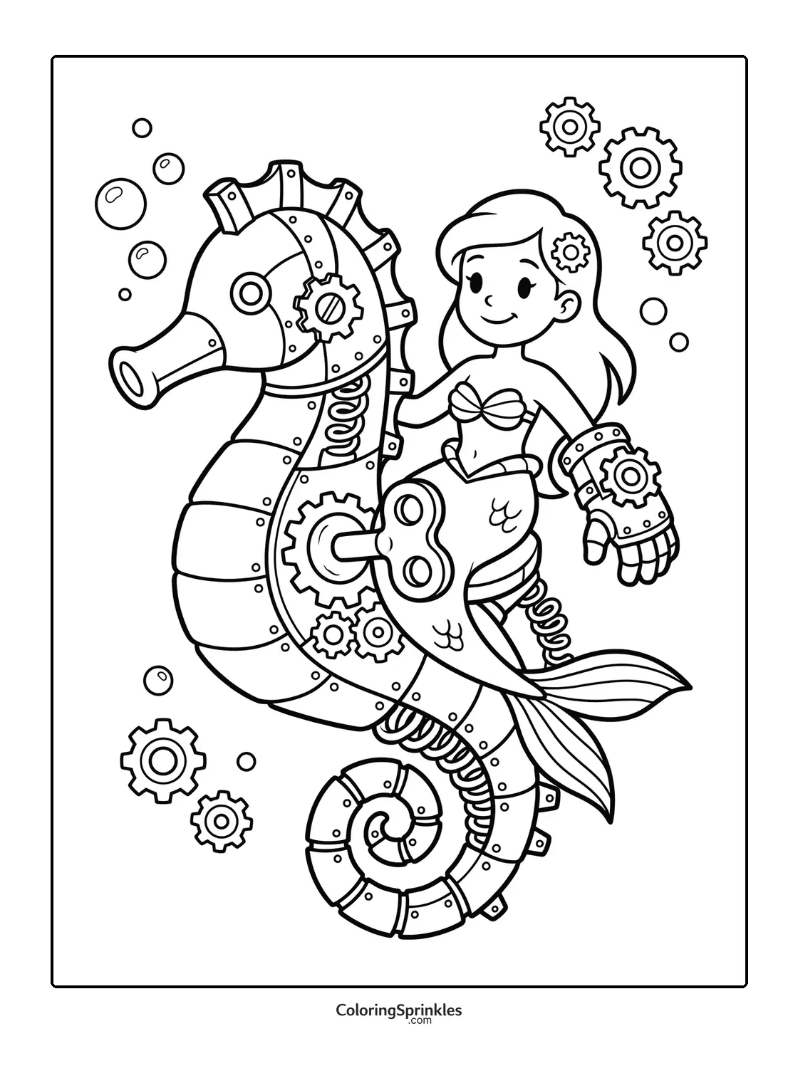 Coloring page of a mermaid riding a robotic seahorse with gears and bubbles
