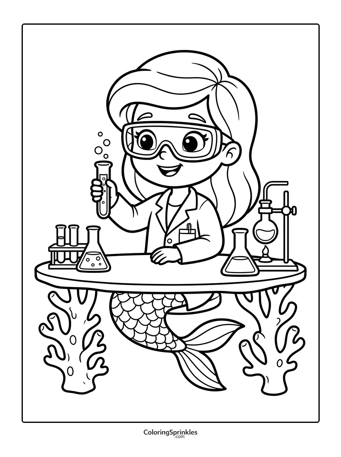 Coloring page of a mermaid scientist doing a lab experiment underwater