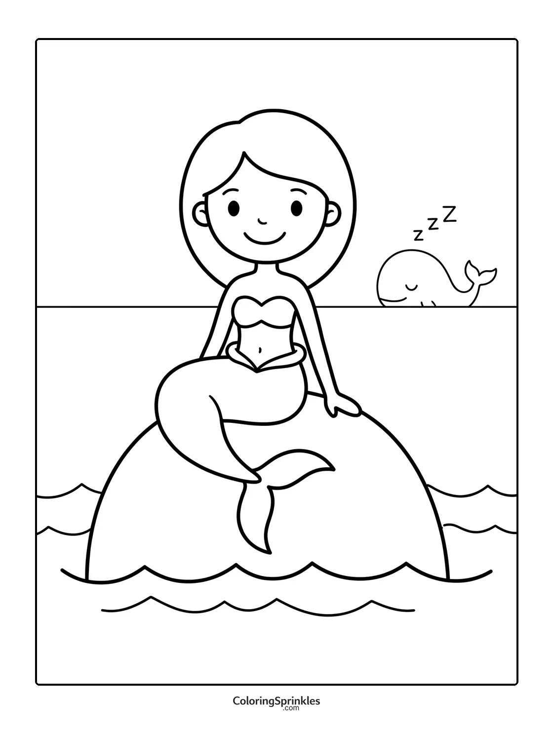 Coloring page of a mermaid sitting on a rock with a sleeping whale nearby