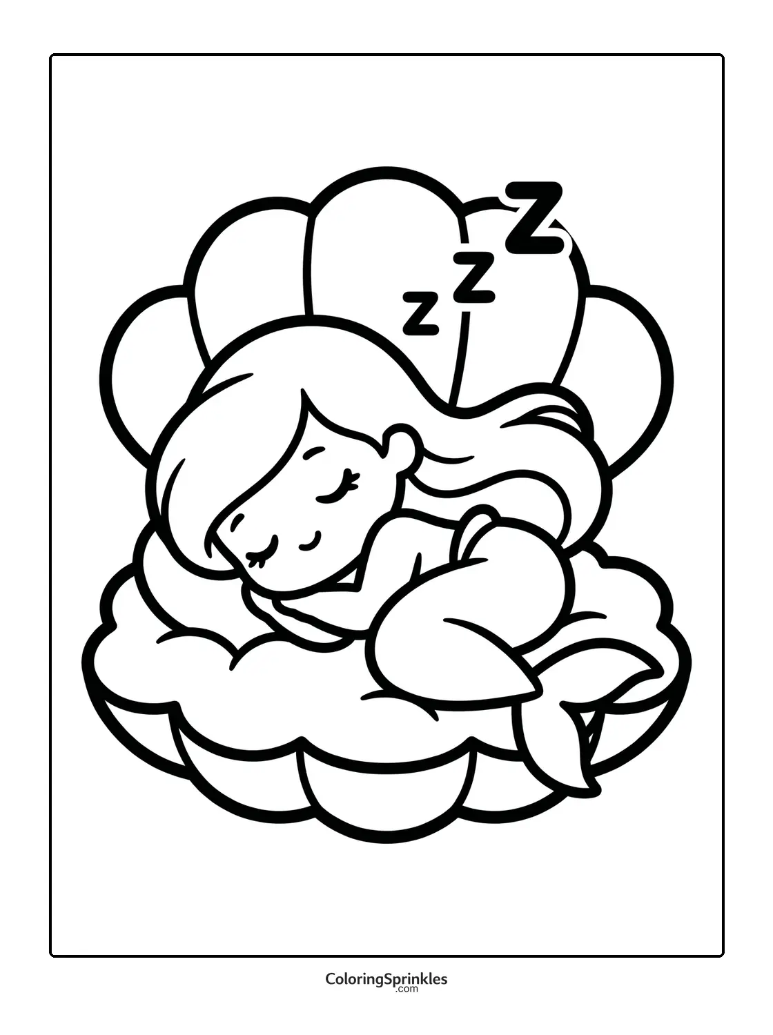 Coloring page of a mermaid sleeping on a large shell