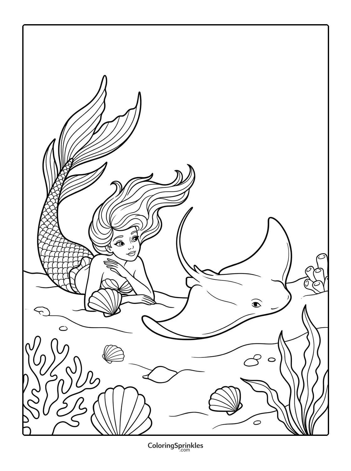 Coloring page of a mermaid lying on the ocean floor with a stingray and seashells