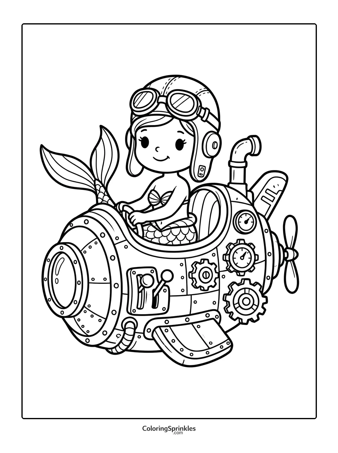 Coloring page of a mermaid piloting a steampunk submarine wearing goggles and a helmet