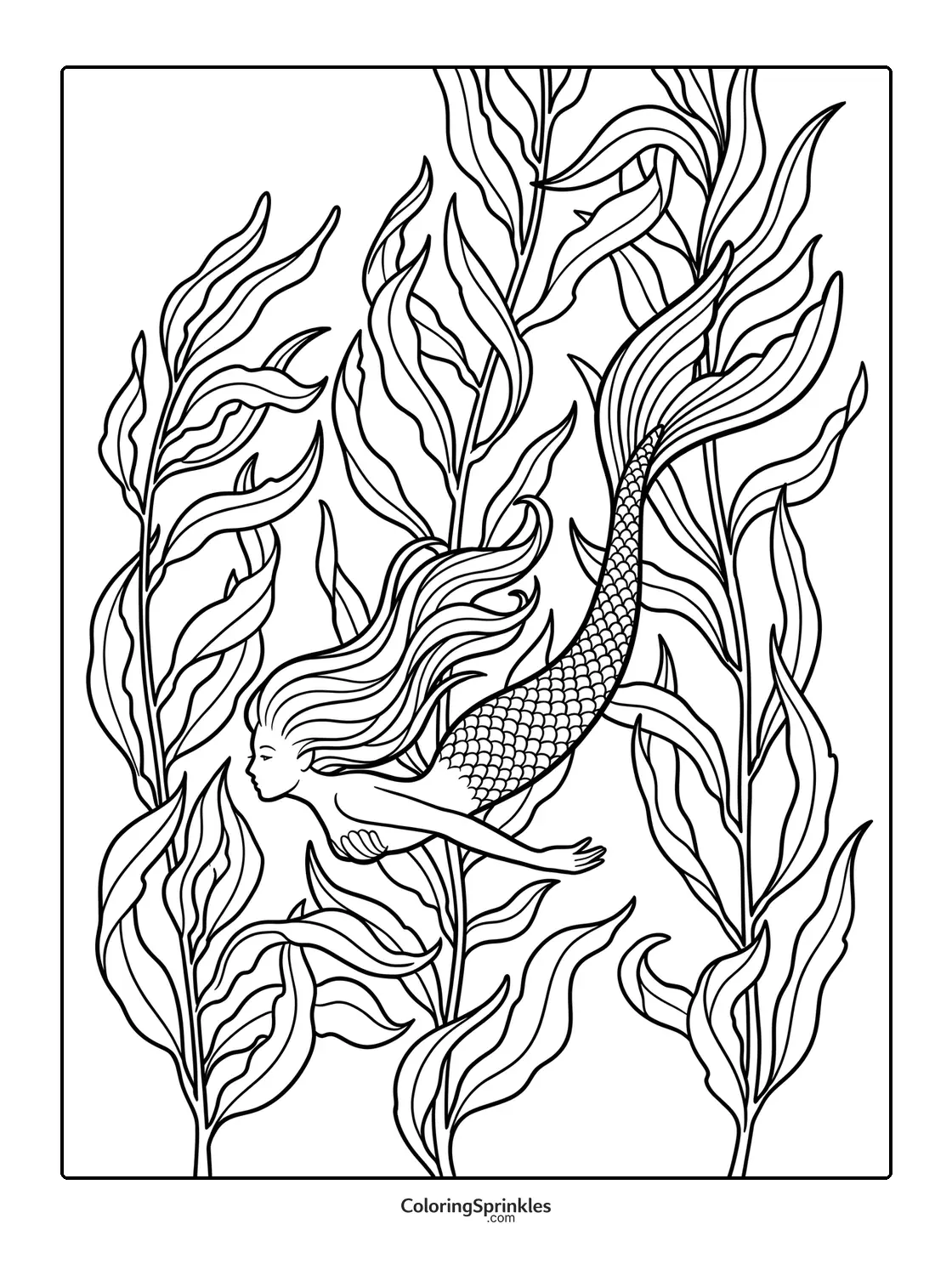 Coloring page of a mermaid swimming among seaweed underwater