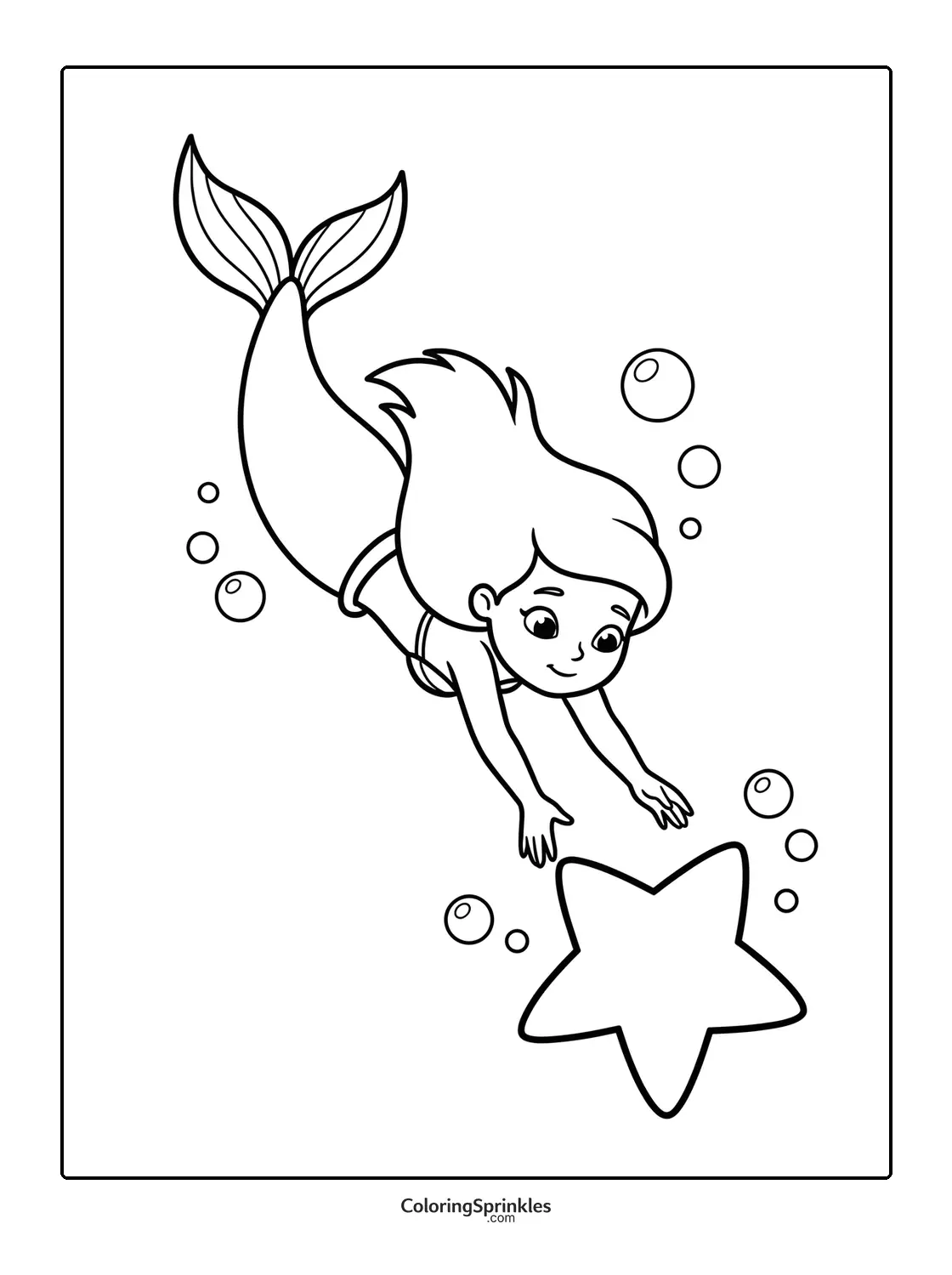 Coloring page of a mermaid swimming underwater reaching for a starfish