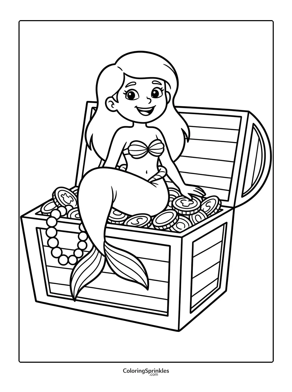 Coloring page of a mermaid sitting in a treasure chest filled with coins and a pearl necklace