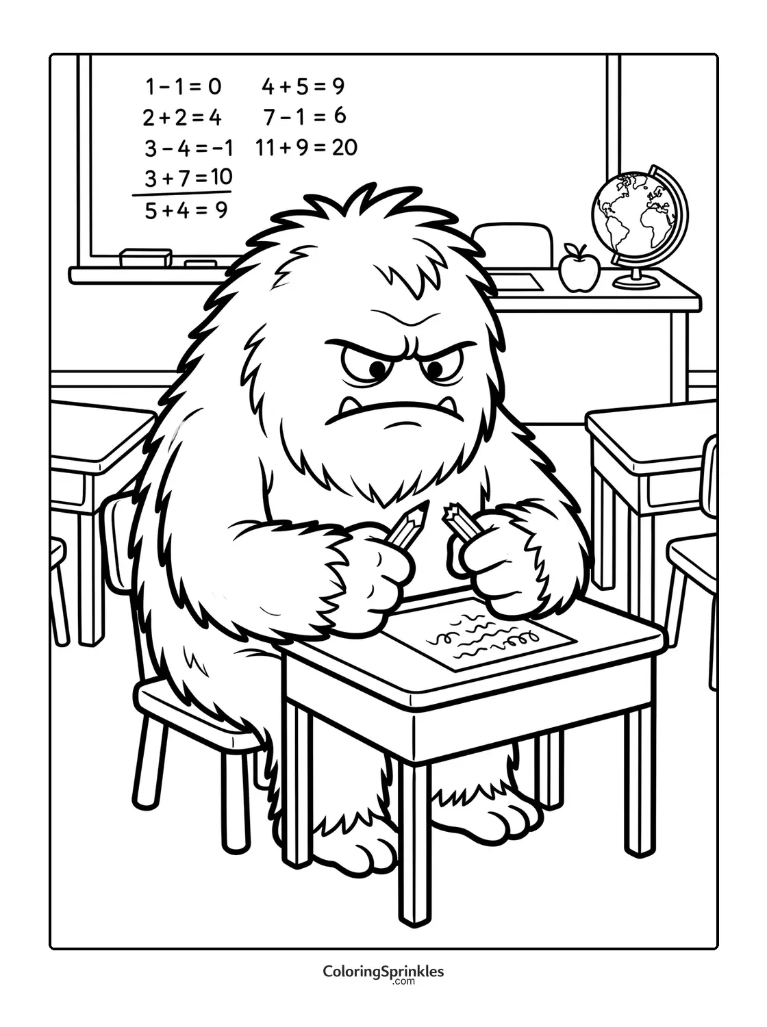 Coloring page of an angry yeti breaking a pencil in a classroom