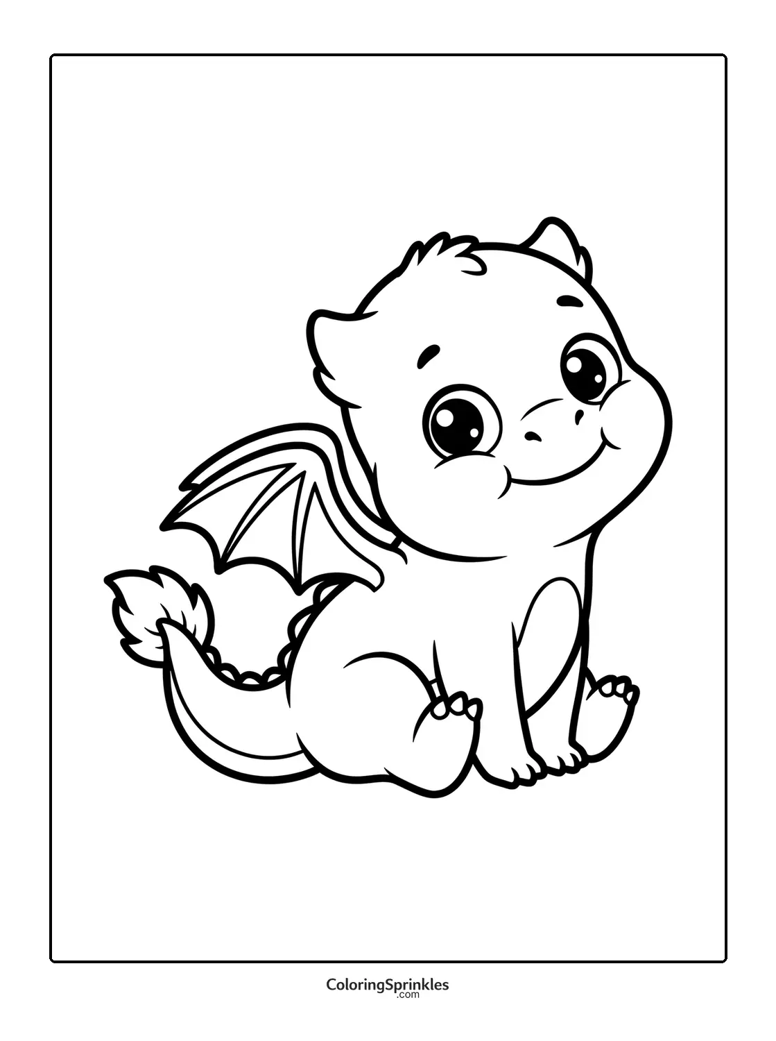 Coloring page of a cute baby dragon sitting