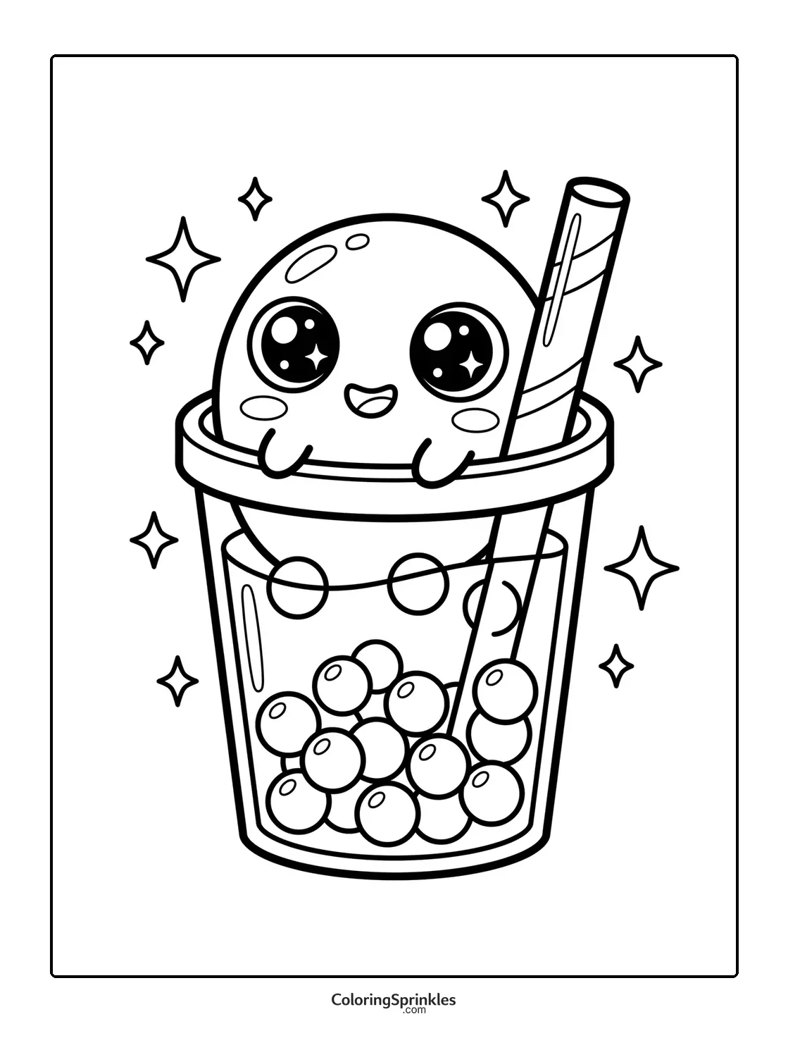 Coloring page of a cute bubble tea character with boba pearls and a straw