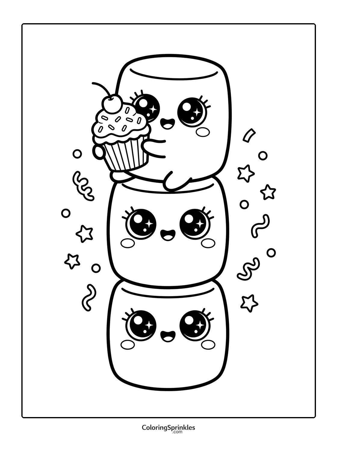 Coloring page of cute marshmallows stacked with one holding a cupcake