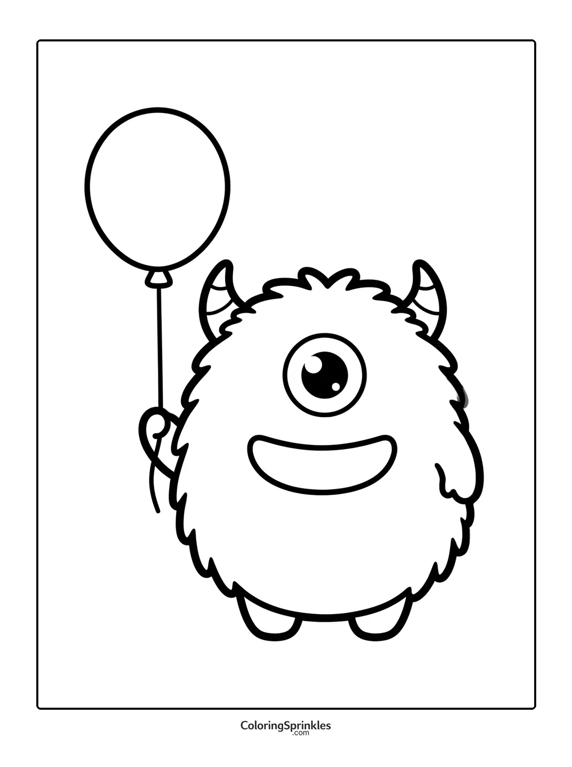 Coloring page of a cute one-eyed monster holding a balloon