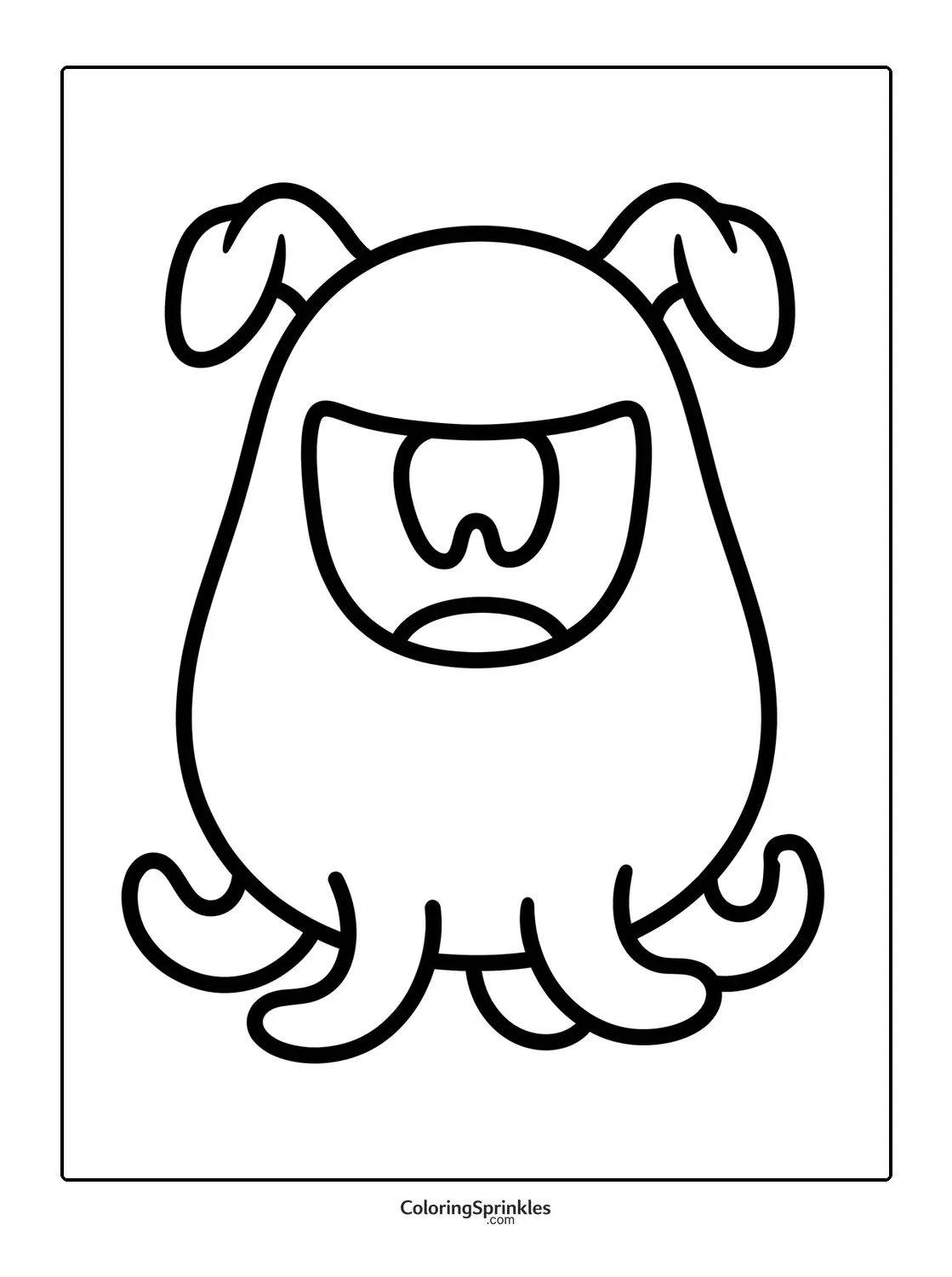 Coloring page of a cute one-eyed monster with tentacles and floppy ears