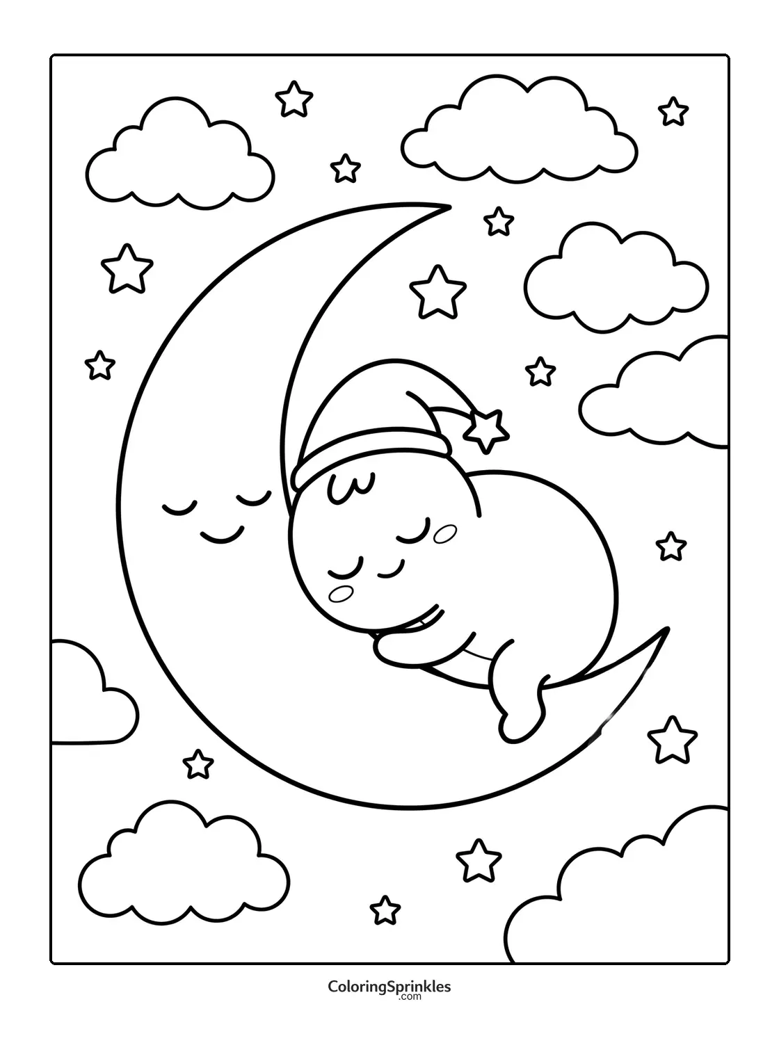 Coloring page of a cute monster sleeping on a crescent moon with stars and clouds