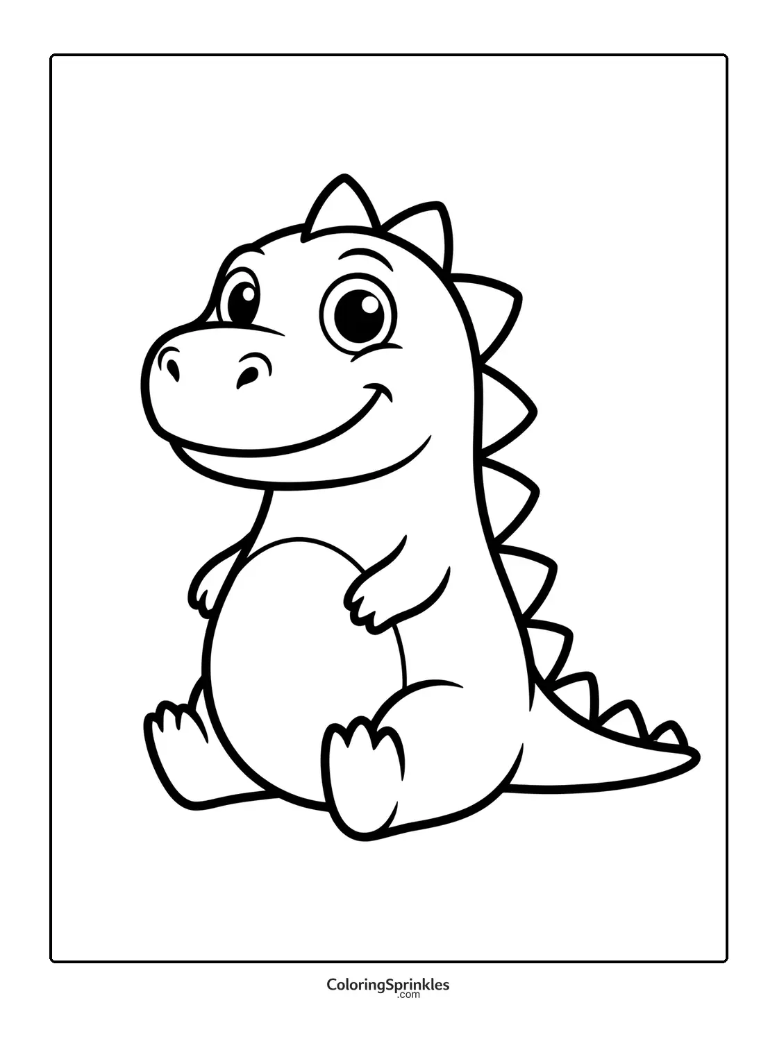 Coloring page of a cute sitting dinosaur smiling