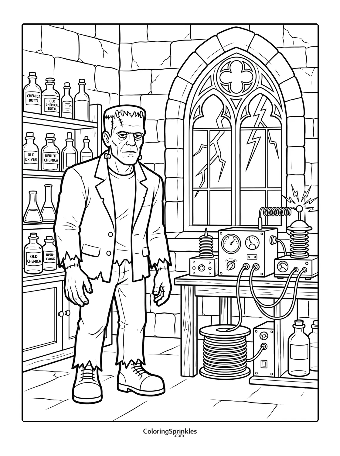 Coloring page of Frankenstein monster in a laboratory with science equipment
