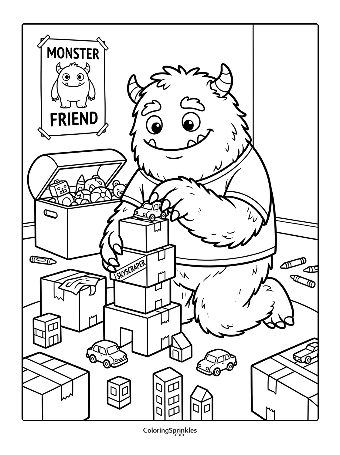 Coloring page of a friendly monster building a toy skyscraper with cars and boxes