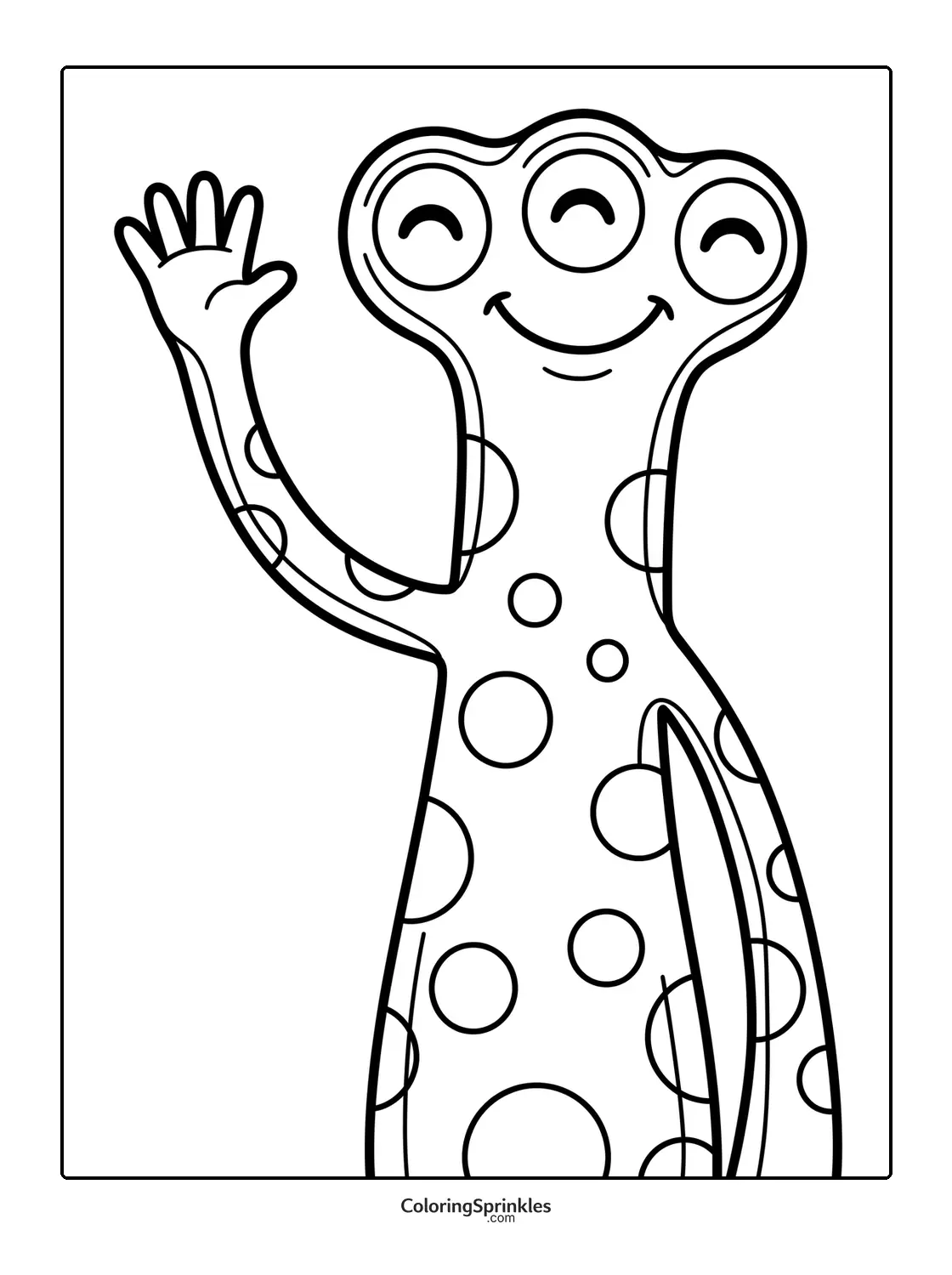 Coloring page of a friendly three-eyed monster waving