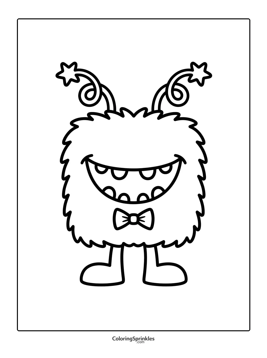 Coloring page of a furry monster smiling with a bowtie and star antennae