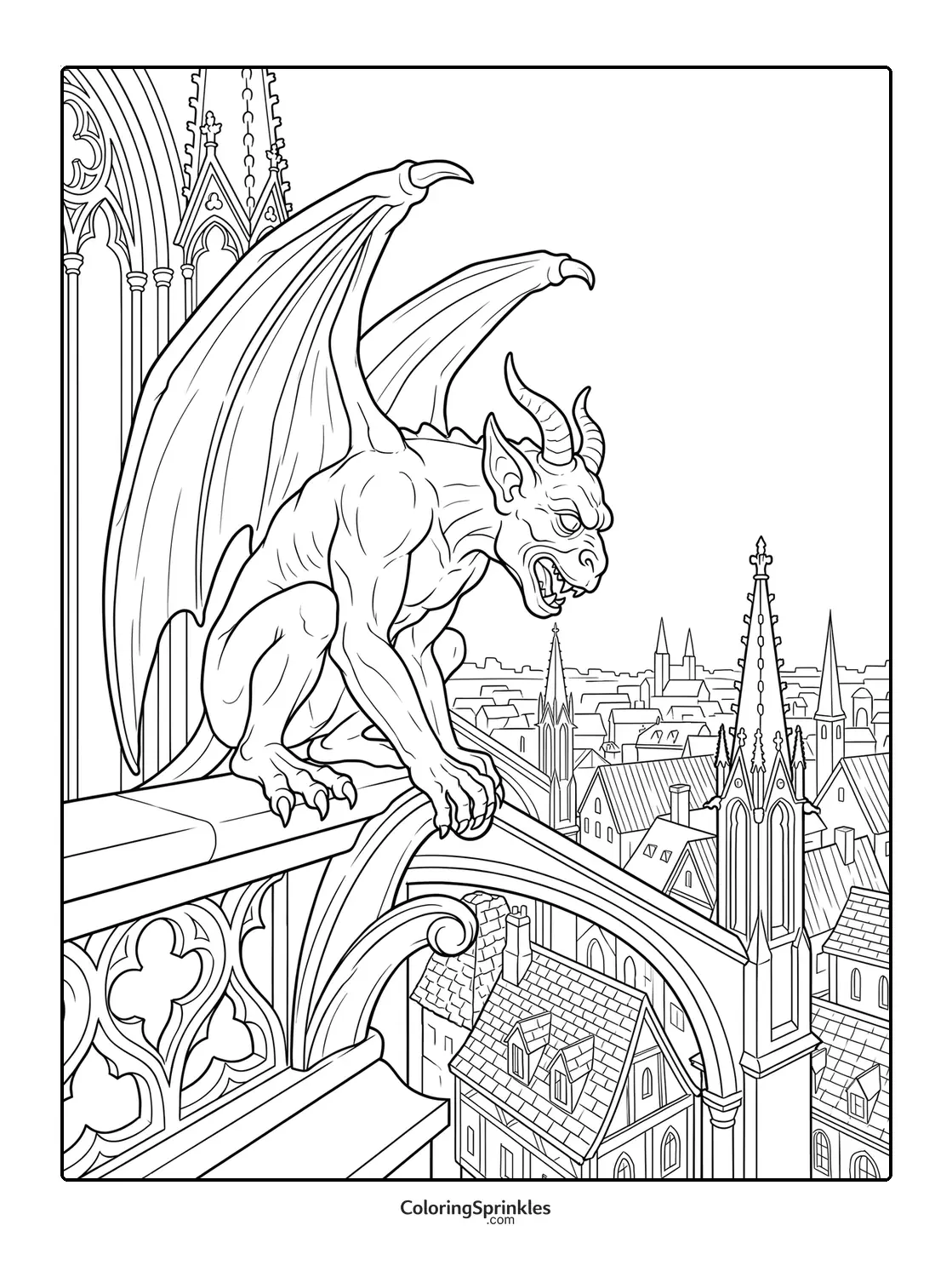 Coloring page of a winged gargoyle monster perched on a cathedral overlooking a city