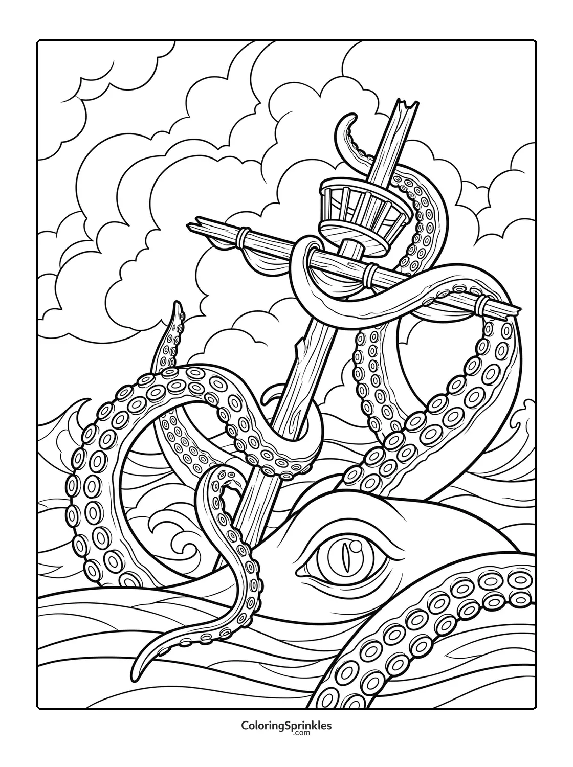 Coloring page of a kraken wrapping its tentacles around a ship mast in the ocean