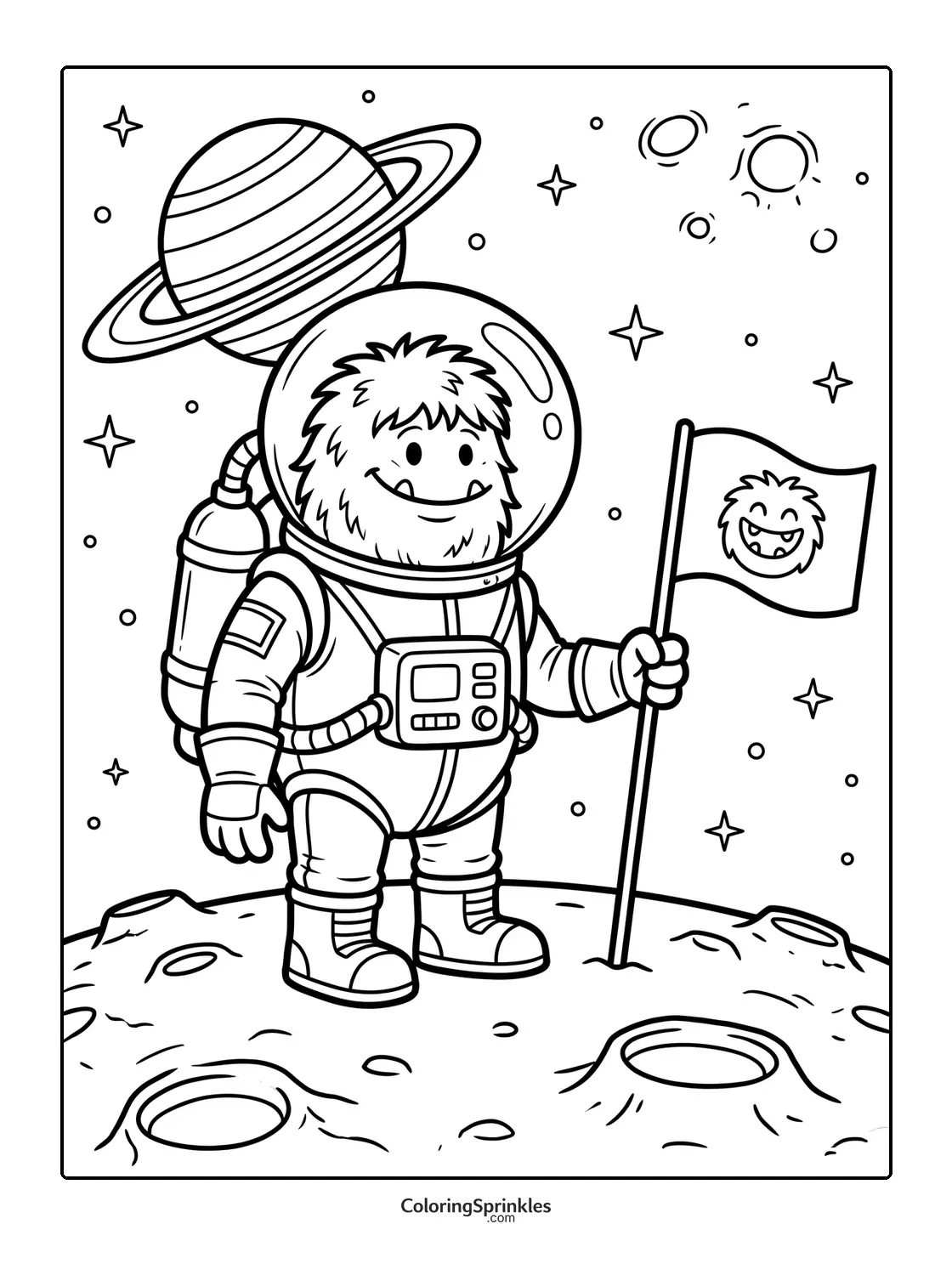 Coloring page of a monster astronaut planting a flag on the moon