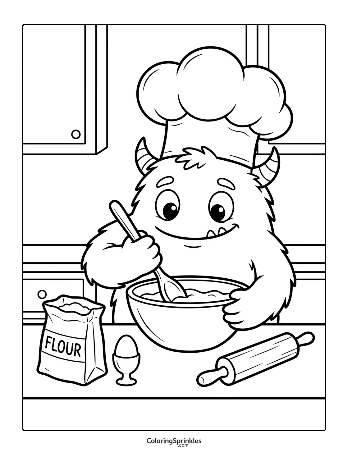 Coloring page of a monster chef baking in a kitchen