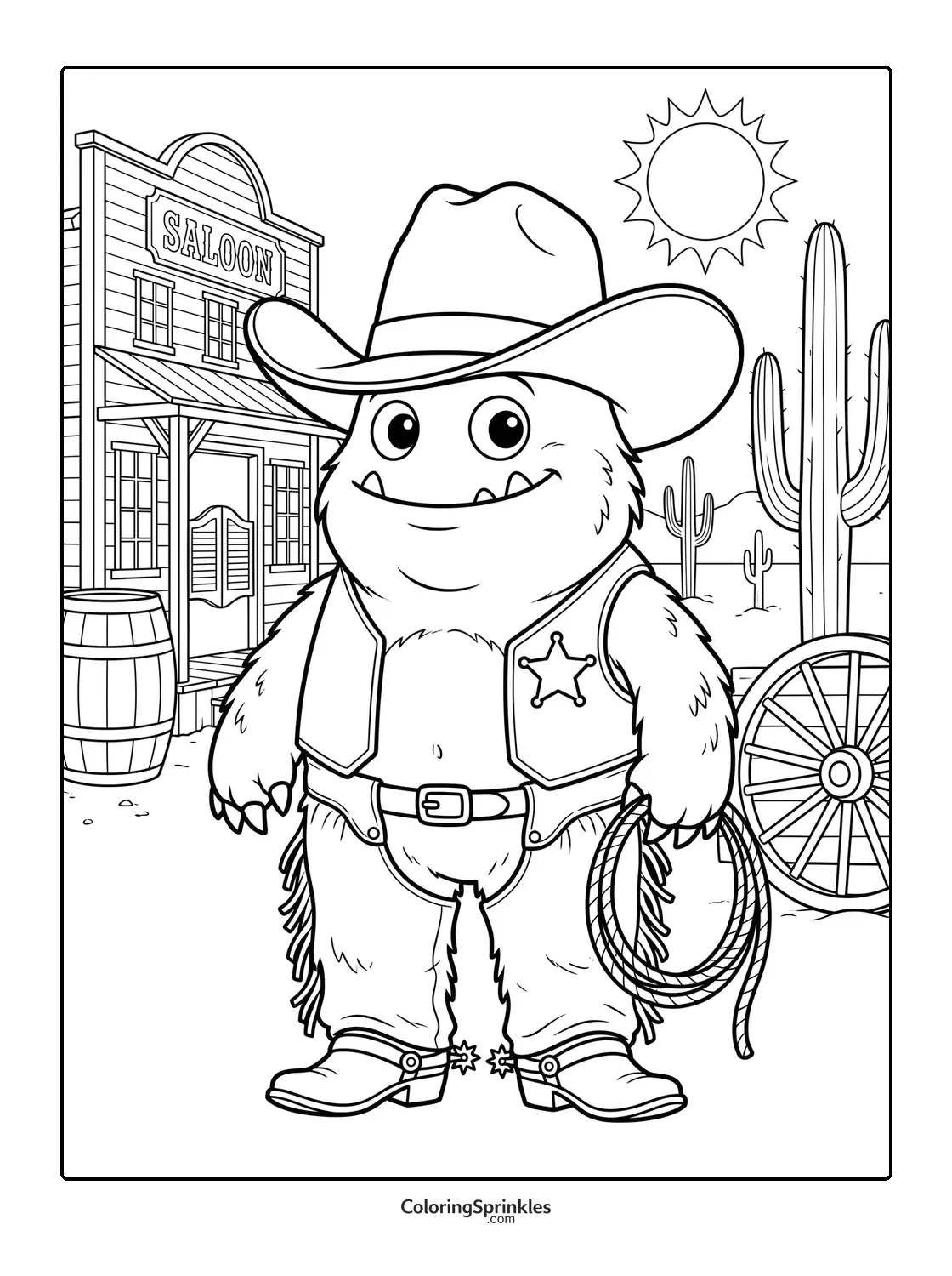 Coloring page of a monster dressed as a cowboy in front of a saloon in the desert