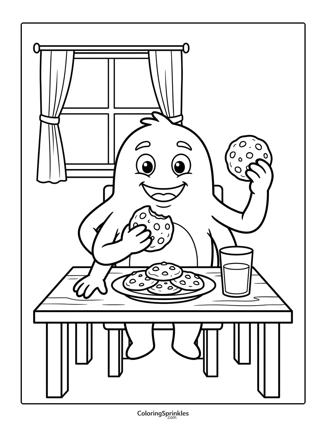 Coloring page of a happy monster eating cookies at a table by a window