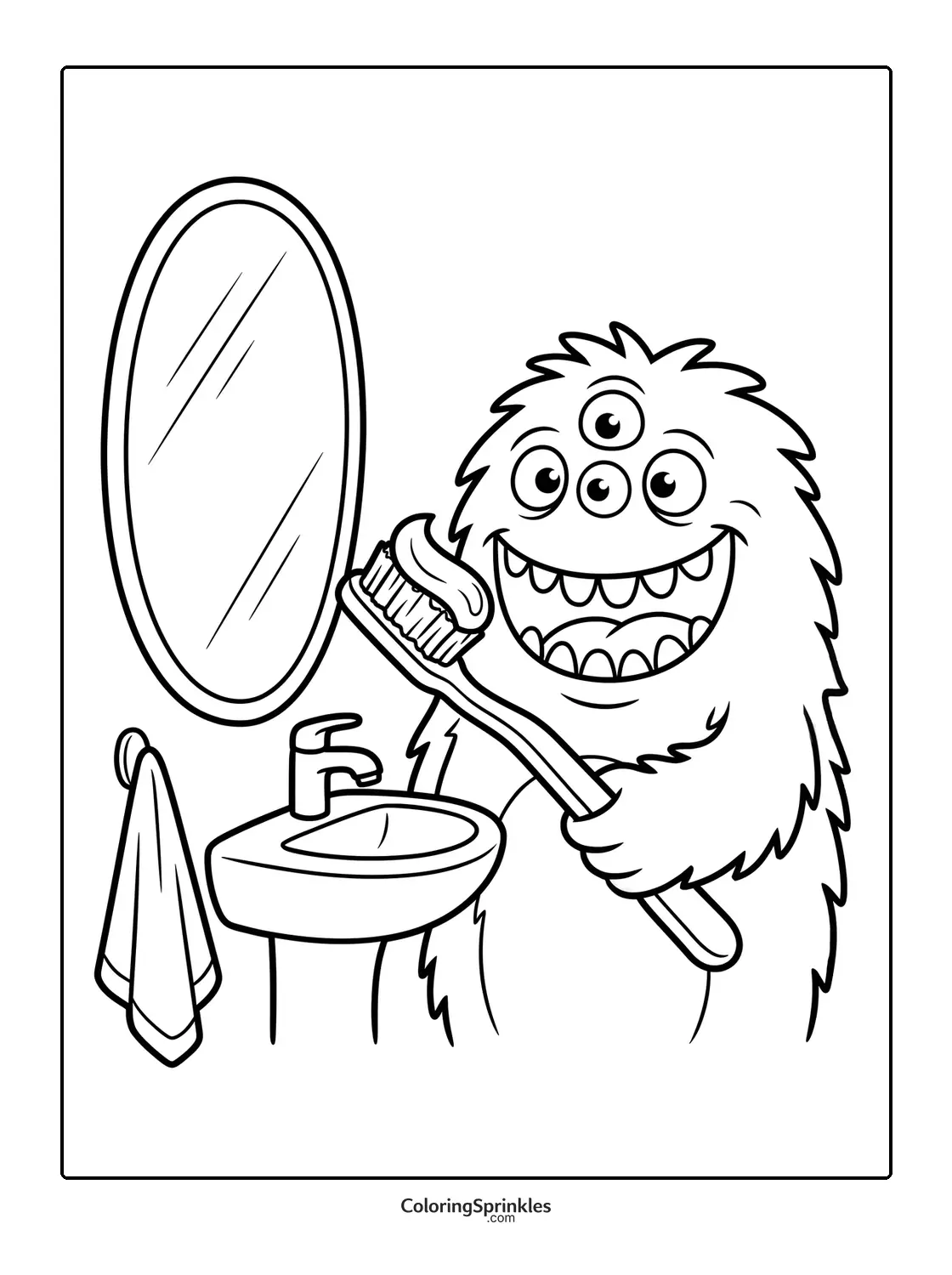 Coloring page of a four-eyed monster brushing its teeth in a bathroom